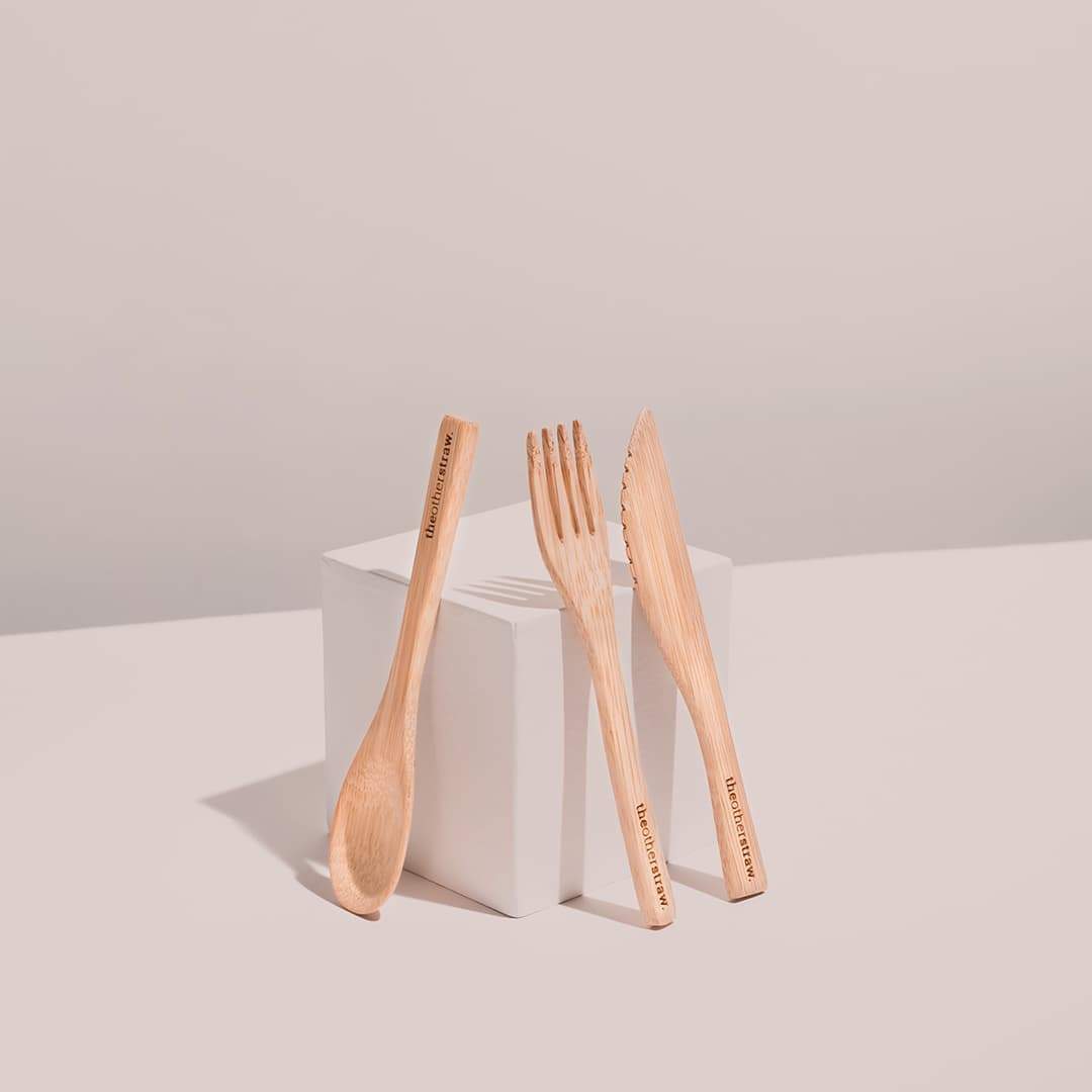 bamboo cutlery on white background