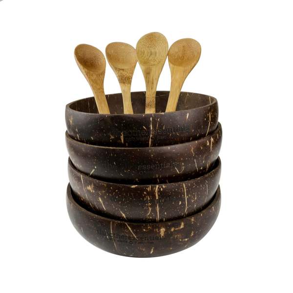 4 coconut bowls with 4 bamboo spoons theotherstraw